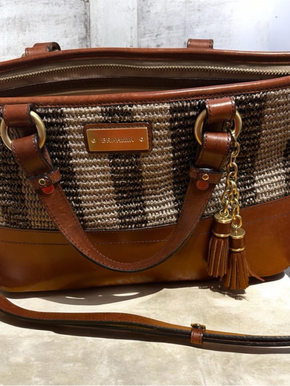 Brahmin Brown & Cream Woven Leather Shoulder Bag with Tassel